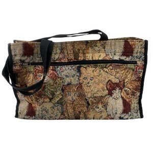 Vintage Brown and Tan Cat Lady Tapestry Cat Print Tote Bag
